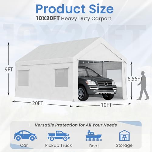 Bezseller 10x20 FT Heavy Duty Carport Canopy with Removable Sidewalls, Portable Garage Tent with Roll-Up Windows & Doors, Car Port with All-Season Tarp for Cars, Trucks, Boats, White - color: White, size: 10 X 20