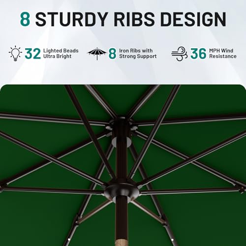 AreShark 9FT Patio Umbrella with Solar Lights, 32 Lighted Pool Umbrella w/Tilt and Crank, Outdoor Market Solar Umbrellas for Garden, Deck, Backyard, Pool and Beach, Dark Green - color: Dark Green, size: 9 Ft