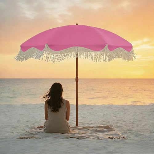 7ft Patio Umbrella with Fringe, Boho Beach Umbrellas, Outdoor Tassels Umbrellas with Push Button Tilt & Carrying Bag, 8 Windproof Fiberglass Ribs, UPF50+ - color: Rose Pink