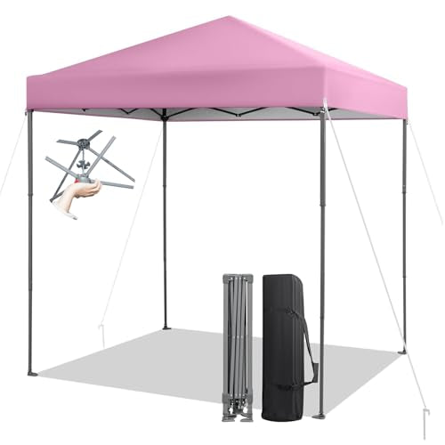 LDAILY 6.6 x 6.6 Ft Pop Up Canopy, Portable Canopy Tent Heavy Duty Instant Canopy w/Center Lock, 8 Stakes, 4 Ropes, Carry Bag, Sun Protection, Easy Up Outdoor Canopy for Party, Camping, Patio (Pink) - color: Pink
