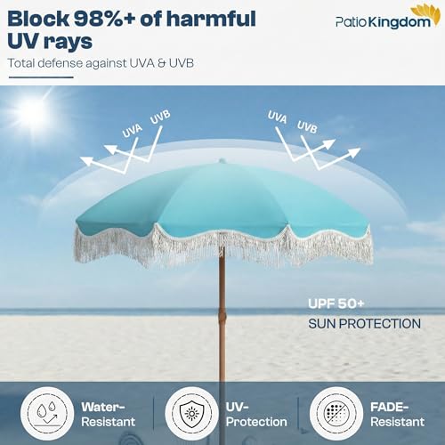 7ft Patio Umbrella with Fringe, Boho Beach Umbrellas, Outdoor Tassels Umbrellas with Push Button Tilt & Carrying Bag, 8 Windproof Fiberglass Ribs, UPF50+ - color: Light Blue