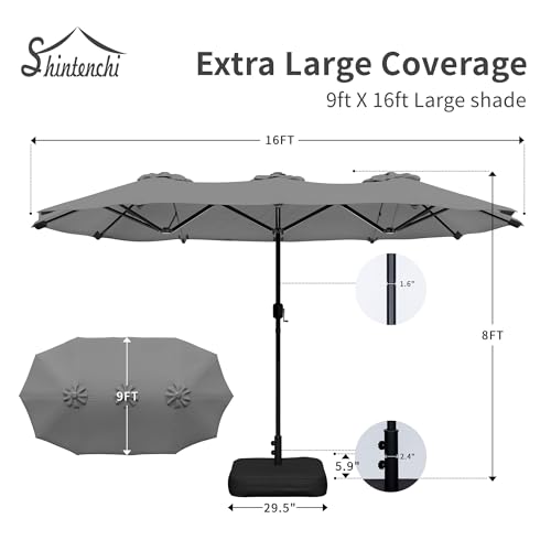 Shintenchi 16FT Large Patio Umbrella with Base Included, Outdoor Double-Sided Rectangular Shade with Crank Handle for Poolside Lawn, Deck & Garden, Gray - color: Grey, size: 16FT