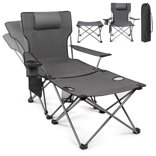 apollo walker Reclining Beach Chair, Adjustable 90-135° Backrest Camping Lounge Chairs for Adults, Folding Chair with Foot Rest & Detachable Pillow - Upgraded 8-Leg, Grey - color: Grey, style: 8-Leg