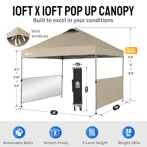 CROWN SHADES 10x10 Pop up Canopy Tent Instant Canopy with 150D Silver Coated Fabric Including 2 Half Sidewalls, 4 Ropes, 8 Stakes, 4 Weight Bags, STO 'N Go Bag, Beige - color: Beige