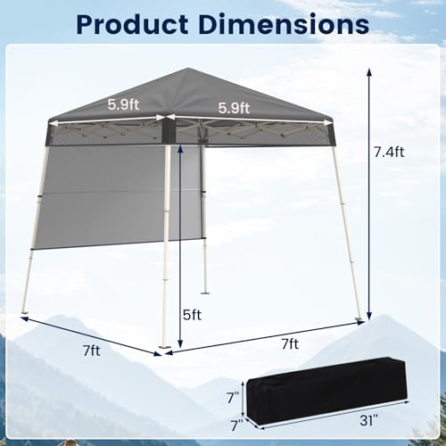 Tangkula 7x7 Ft Pop Up Canopy with Center Lock, UPF50+ Slant Leg Outdoor Tent with Sidewall, Carry Bag & 4 Stakes, Compact Portable Canopy Tent for Hiking Camping Fishing & Picnic (Gray) - color: Gray, size: 7x7 Ft