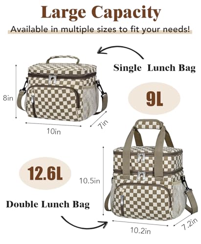 Insulated Lunch Bag for Women, Double Leakproof Lunch Box Soft Cooler Tote with 5 Pockets, 600D Oxford, EVA Lining, Adjustable Strap for Work, Picnic, Beach&Travel- Corduroy Khaki Checkered - color: Corduroy Khaki Grid, size: Double
