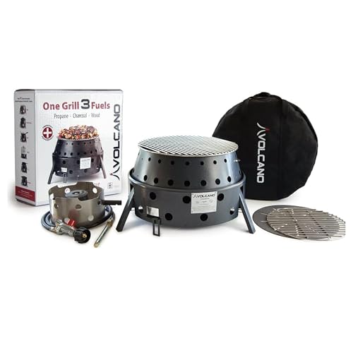 Volcano 3 Collapsible Portable Grill/Stove, Propane, Charcoal and Wood, 19500 BTU Burner, 13 Inch Cooking Surface, Camping Stove for Backpacking, Hiking, Picnic and BBQ, Carry Bag and Hose Included - style: Volcano 3 – Base Grill