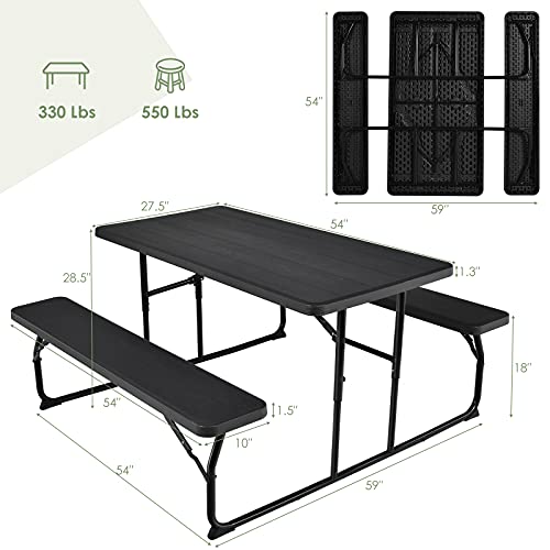 Giantex Folding Picnic Table Bench Set, Outdoor Dining Table Set, Large Camping Table for Patio Deck Lawn Garden Backyard Poolside, Portable Picnic Tables, Weather Resistant Metal Frame, Black - color: Black