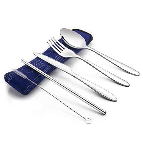 Reusable Travel Utensils with Case | Fork and Spoon Set with Knife and Optional Straws Great Office, Travel, or Camping Accessories | Lightweight, Sturdy Utensils - color: 5pc Set - Blue