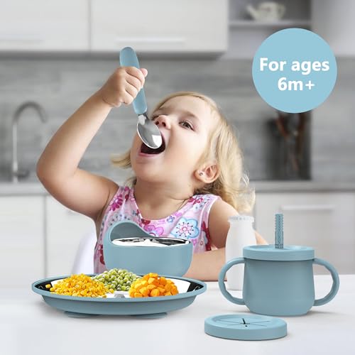 13 Pack Silicone Baby Feeding Set, BPA-Free Stainless Steel Toddler Feeding Supplies, Include Suction Plates, Baby Bowls, Silicone Fork & Spoon, and More, First Stage Baby Dish Set - 6+ Months - color: Blue