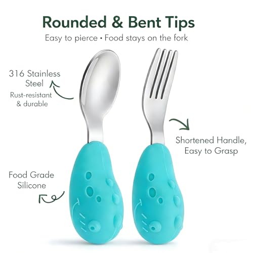 Baby Fork and Spoon Set with Carry Case Baby Training Utensils Self Feeding Toddler Silverware Silicone and Stainless Steel Kids and Toddler Utensil Set-Dinosaur - color: Dinosaur