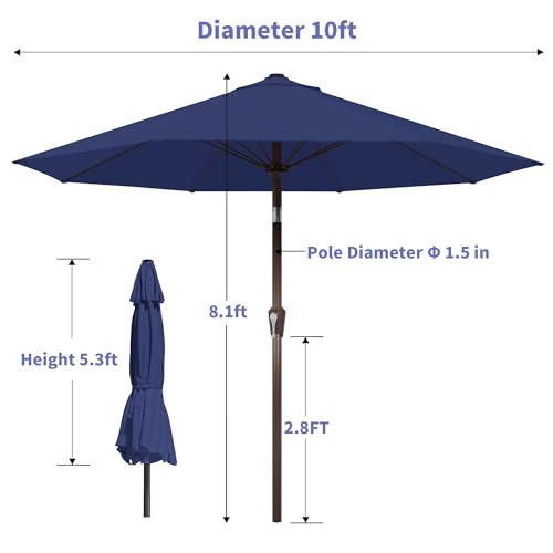 Kingdura 10FT Outdoor Patio Umbrella, Market Table Umbrella with Push Button Tilt and Crank, 8 Sturdy Fiberglass Ribs, UV Protection for Pool, Lawn, Deck, Backyard, Garden (Navy blue) - color: Navy blue, size: 10 Ft