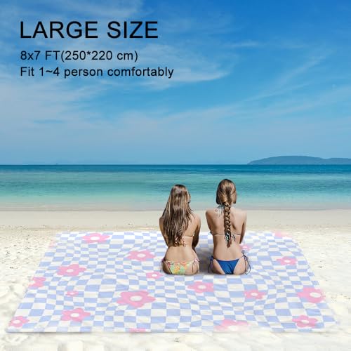 Beach Blanket Waterproof Sandproof Extra Large 8 Ft X 7 Ft for 4 Adults Oversized Sand Free Beach Mat with 4 Corner Pockets and Stakes Portable for Beach Picnic Travel Camping (Pink Purple) - color: Pink Purple, size: 8 X 7 FT(1-4 Person)