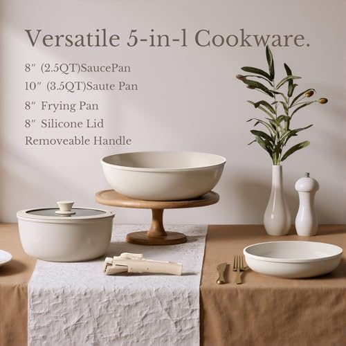 Pots and Pans Set Non Stick, Ceramic Cookware Set Detachable Handle, RV Camping Kitchen Cooking Set Removable Handles, Dishwasher/Oven/Fridge Safe, Induction, Space Saving，Cream White - color: Cream White