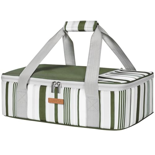 LUNCIA Insulated Single Decker Casserole Carrier, Lasagna Lugger Tote Keeps Food Hot or Cold, Thermal Lunch Bag for Potluck Parties, Picnic and Cookouts, Fits 9" x 13" Baking Dish, Dark Green - color: Dark Green, size: 15.7 x 11.4 x 4.7inch