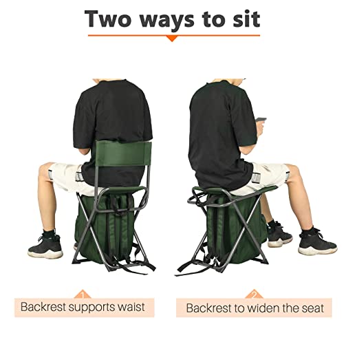 Portal Backpack Cooler Chair Fishing Chairs with Backrest Folding Camping Stool Compact for Outdoors Hiking Hunting Travel, Supports 225 lbs Capacity - color: Green