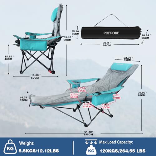 Reclining Camping Chair 4 Position with Foot Rest Comfortable for Adults 265Ibs Folding Lounger Mesh Beach Chair with Cooler Bag,Cotton Cushion and Cup Holder for Outdoor Patio - color: Cyan, style: Single with Cotton Pad