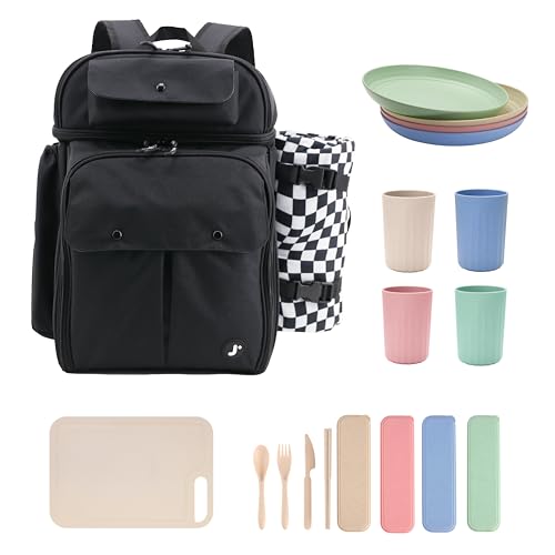J World Picnic Backpack Cooler for 4. Insulated Picnic Basket Set with Folding Waterproof Blanket. Beach Camping Wedding Engagement Gift for Couples, Black - color: Black
