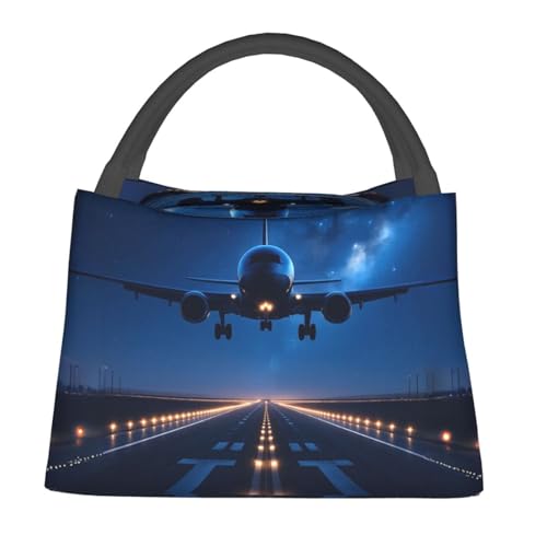 Airplane Reusable Lunch Box,Night Landing Starry Sky Aviation Lunchbox for Pilot Plane Lovers,Insulated Lunchbag,11in*6.3in*6.7in,Gifts Makeup Bag,Portable Handbag for Picnic Work Travel - color: Airplane