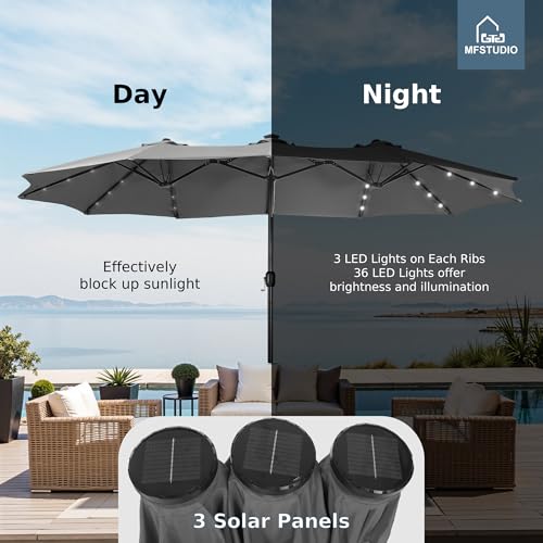 MFSTUDIO 15ft Double Sided Patio Umbrella with Solar Lights, Outdoor Large Umbrellas with Crank Handle and 36 LED Lights, Rectangular Market Umbrella with Base Included for Deck Pool Shade, Smoky Gray - color: Smoky Gray