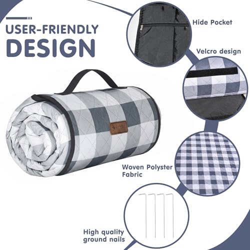 HX&OD Outdoor Picnic Blanket, Extra Large, 80''x60'' Waterproof Foldable Blankets Gingham Picnic Mat for Beach, Camping Grass Lawn Park Accessories Cute Couple Ideas Wedding (Gray, 80”x60”) - color: Grey, size: 5' x 6'8" (Square)