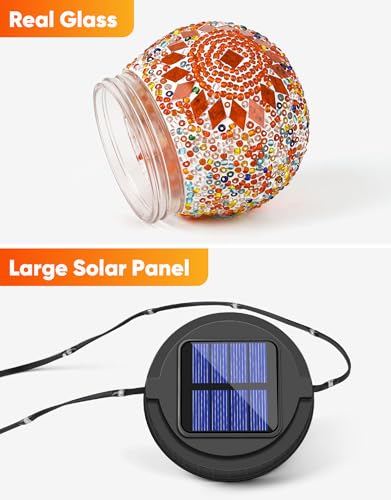 Mosaic Solar Lights Outdoor 2 Pack, Solar Hanging Lanterns Christmas Halloween Gifts for Women Mom Grandma, Waterproof Glass Globe Lights, Garden Patio Decor for Yard, Tree, Balcony, Warm - color: Orange, size: 2
