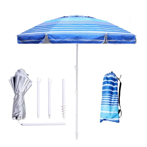LOTTAFUN 6.5ft Beach Umbrella - Heavy Duty Wind Resistant UV 50+ Portable Sun Shade with Sand Anchor & Carry Bag, Outdoor Folding Umbrella for Beach, Pool, Patio, Garden (Blue Stripe) No Tilt - color: Blue Wave Stripe