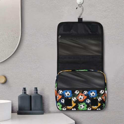 Colorful Splashes Soccer Ball Kids Toiletry Bag for Boys, Waterproof Travel Shaving Organizer with Hanging Hook, Portable Dopp Kit Cosmetic Bag for School Sports Camping Trips - color: Colorful Splashes Soccer Ball