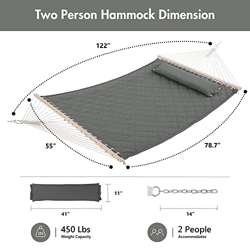 ANOW 2 Person Hammock with Spreader Bars and Detachable Pillow, Quilted Hammock for Outdoors Indoors, 450 LBS Weight Capacity, Gray - color: Grey, size: 2 Person Without Stand