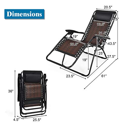 COSTWAY 2PCS Patio Rattan Zero Gravity Lounge Chair Folding Recliner Headrest Brown - color: Brown