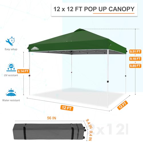 EAGLE PEAK Pop Up Canopy Tent with Wheeled Carry Bag, 8 Stakes, 4 Ropes, 4 Weight Bags, Easy Set Up Tent Canopy, 12x12 ft, 144sqft of Shade, Green - color: Green, size: 12x12