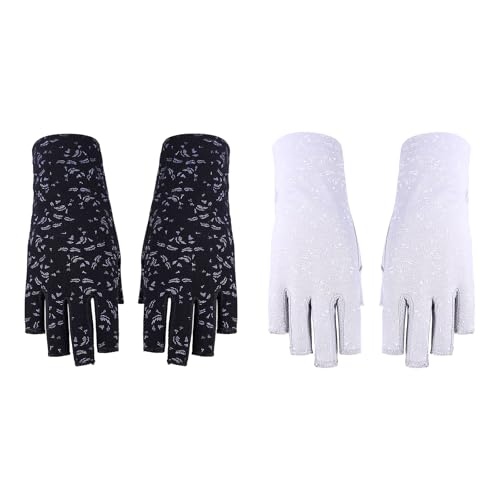 Lightweight Summer Fingerless Gloves Men Women UV Sun Protection Driving Cotton Gloves Nonslip Touchscreen Mittens - color: 2pairs-gray+floral Black