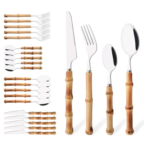 Bamboo Handle Silverware Set, 24-Piece Flatware Set for 6, Stainless Steel Cutlery Eating Utensils Include Forks Spoons and Knives for Daily Use and Party, Reusable and Modern Design - color: 24-Piece Service for 6