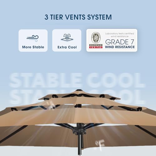 wikiwiki 9ft 3-Tier Patio Umbrella Outdoor Table Market Umbrella for Patio with Push Button Tilt/Crank, Fade Resistant Waterproof POLYESTER Canopy for Garden, Lawn, Deck, Backyard & Pool, Tan - color: Tan, size: 9 FT