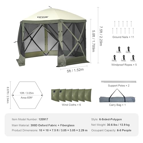 VEVOR Pop Up Gazebo Screen Tent 6 Sided Canopy Sun Shelter with 6 Removable Privacy Wind Cloths & Mesh Windows, 10x10FT Quick Set Screen Tent with Mosquito Netting, Army Green - color: Army Green, size: 10x10ft