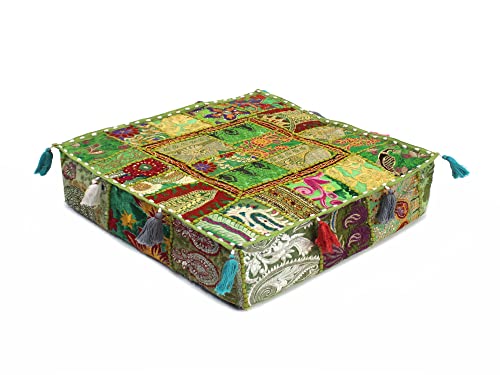 Mam Treasures Indian Bohemian Decorative Pillow Vintage Cushion Cover Patchwork Square Floor Pillow Cover Meditation Cushion Large Floor Pillow Indian Cushion (Light Green, 18 X 18 X 5 Inch) - color: Light Green, size: 18" x 18" (Pack of 1)