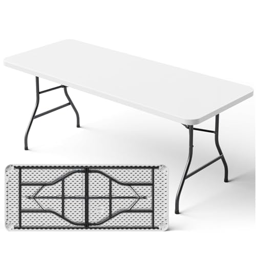 6ft Folding Table, Heavy Duty Plastic Card Table with Foldable Steel Legs, Metal Frame Support up to 600 lb, Portable for Indoor, Outdoor, Picnic, Camping, Dining, Party, White - color: White, size: 6FT