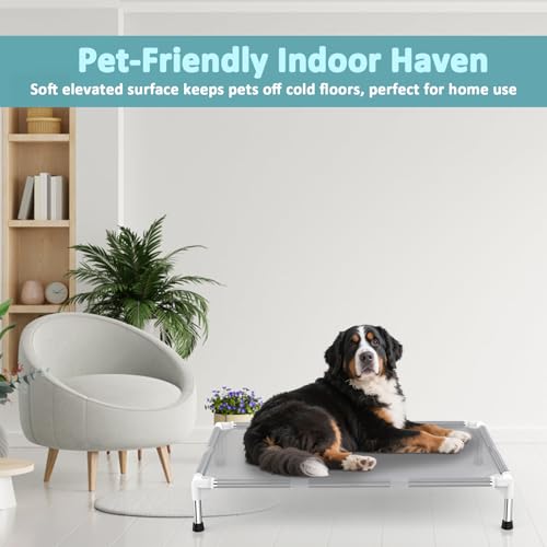 Elevated Dog Bed with Teslin Cooling Fabric - Lightweight Dog Cot for Large Dogs, Waterproof & Washable Breathable Mesh, Raised Pet Bed for Indoor Outdoor Use, Anti-Slip, Easy Clean - size: L-Gray