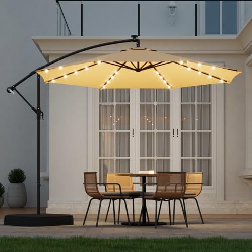 10FT 40-LED Solar Lighted Patio Umbrella with Base Included, Outdoor Offset Cantilever Umbrella, Infinite Tilt, UV Protection for Backyard, Lawn, Garden & Pool - color: Beige, size: 10FT 40LED w/Base (Offset Umbrella)