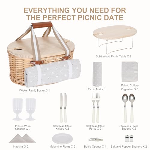 Picnic Basket Set for 2 - Wicker Insulated Picnic Basket with Waterproof Blanket, Folding Wine Picnic Table & Cutlery Kits, Picnic Baskets Kit for Camping, Outdoor, Valentine (White Flower) - color: Whiteflower, size: 2-person Set