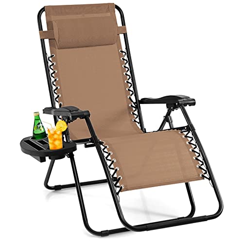 Giantex 2 PCS Zero Gravity Chair Patio Chaise Lounge Chairs Outdoor Yard Pool Recliner Folding Lounge Chair with Cup Holder (Beige) - color: Tan, size: 1 Count (Pack of 2)