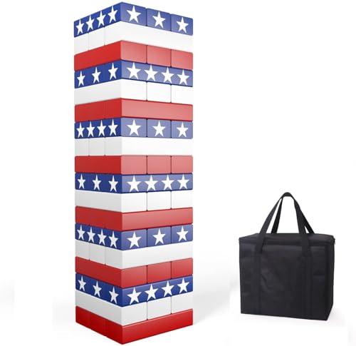Nattork Giant Tumbling Tower (Stack from 1.77Ft to 4+ Ft), Wood Stacking Giant Blocks Game| Made from Premium Pine Wood| Ideal for Family, 54PCS Stars - color: National Flag