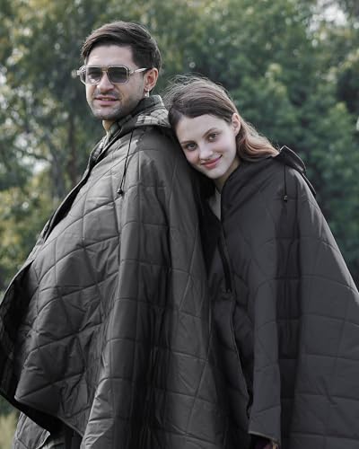 DUKUSEEK Hooded Outdoor Stadium Blanket, Extra Large 79" x 59" Waterproof Camping Blanket, Quilted, Thick Fleece, Warm, Windproof, Sand Proof, Portable, Perfect for Travel,Sports
