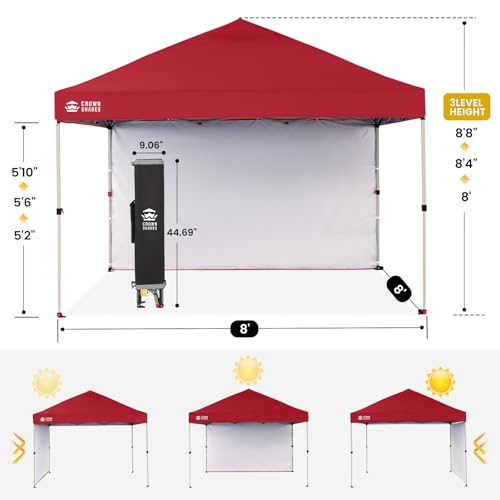 CROWN SHADES 8x8 Pop Up Canopy with 1 Side Wall - Beach Tent with One Push Setup - Outdoor Sun Shade for Events, Parties, Camping - Gazebo with STO-N-Go Cover Bag (Red) - color: Red, size: 8x8FT