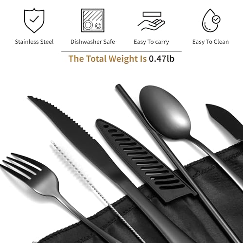 Camping Cutlery Set: Premium Portable Silverware Set with Case for Lunch Box, Travel, and Work Durable, Eco-Friendly, and Compact Utensils Including Fork, Spoon, and Knife for Adults on the Go - color: Black