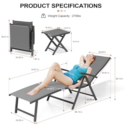 Crestlive Products 2PCS Chaise Lounge Chair Outdoor with 1PC Side Table, Aluminum Folding Patio Recliner Chair, Adjustable 8 Positions Assemble-Free - color: Grey, size: 3 Pcs