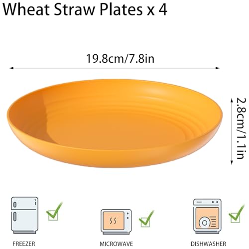 4 Pcs Unbreakable Wheat Straw Plates Set, 7.8 Inch Reusable Plastic Dinner Plates, Microwave Dishwasher Safe, Lightweight Plates for Kitchen Camping, BPA Free (Yellow) - color: Yellow