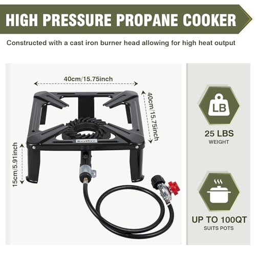 Bestfire High Pressure Propane Burner, 260000 BTU Single Propane Stove with 4.1ft 0-20Psi Adjustable Hose with Regulator, 16" Square Steel Cooktop for Camping - color: 16" propane burner