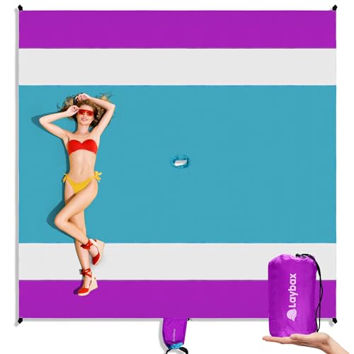Purple Water-Resistant, Sandproof 10x9ft Beach Blanket With Umbrella Hole–Beach Mat, Compact and Lightweight, Stuff Sack, 4 Stakes, Sand Pockets, Works with Beach Canopies, Umbrellas, Kids Tent - color: Purple, size: 9x10