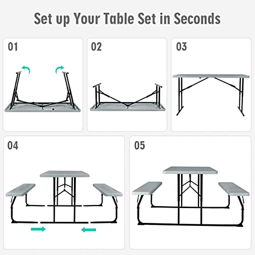 S AFSTAR Folding Picnic Table Bench Set, Foldable Picnic Table with 2 Benches, Outdoor Table and Bench W/Steel Frame & Wood-Like Texture Tabletop, Camping Table Chair Set for Garden Patio Lawn (Gray) - color: Grey